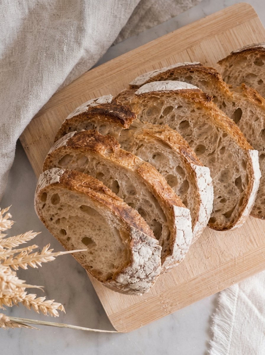 Sliced sourdough on a wooden board beside dried wheat