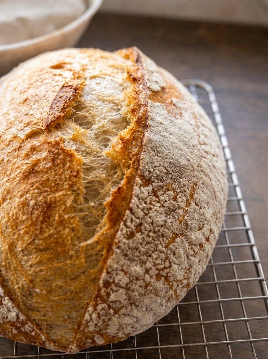 A scored sourdough loaf cooling on a wire rack