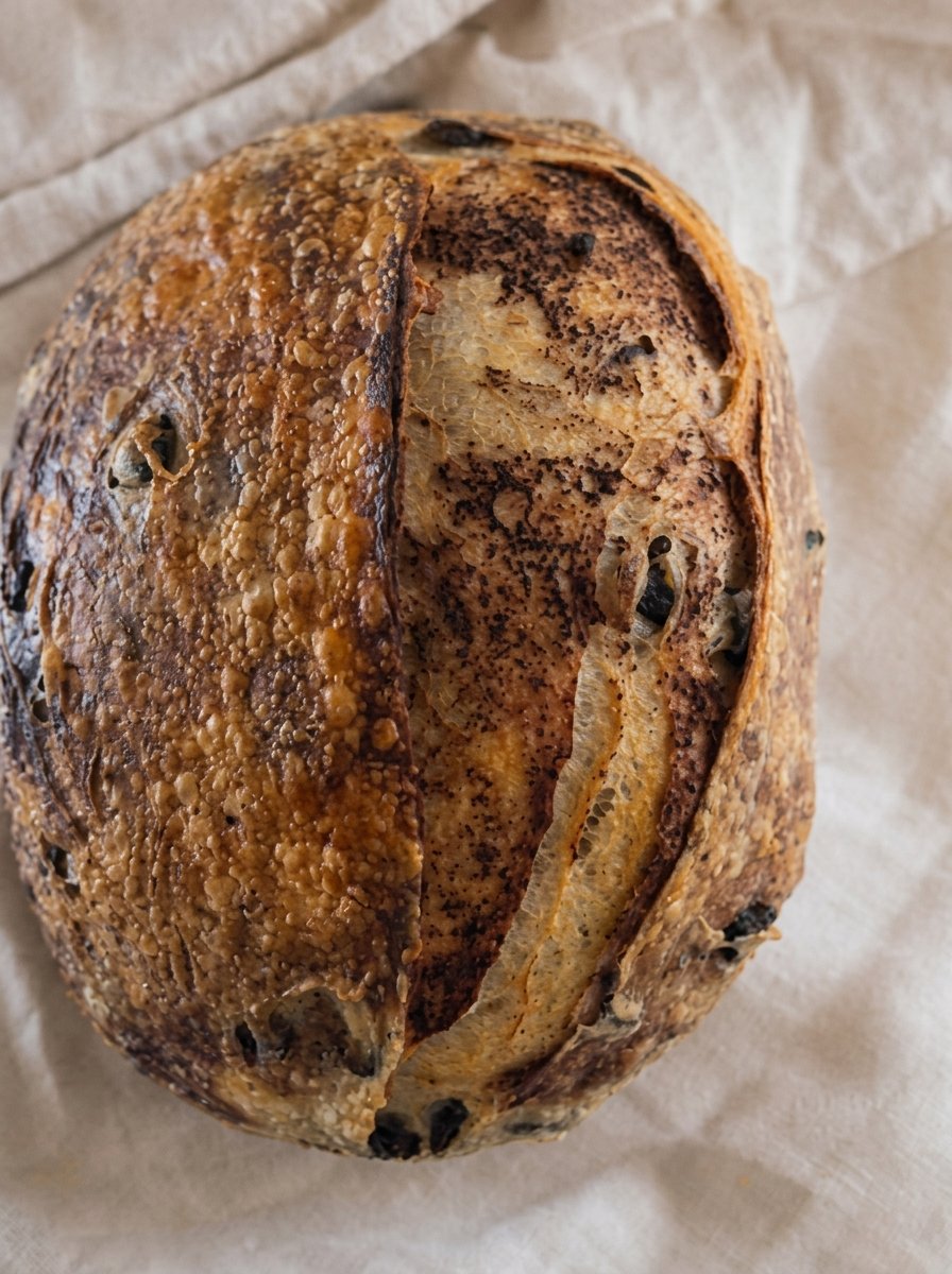 A deeply baked sourdough loaf on a linen cloth