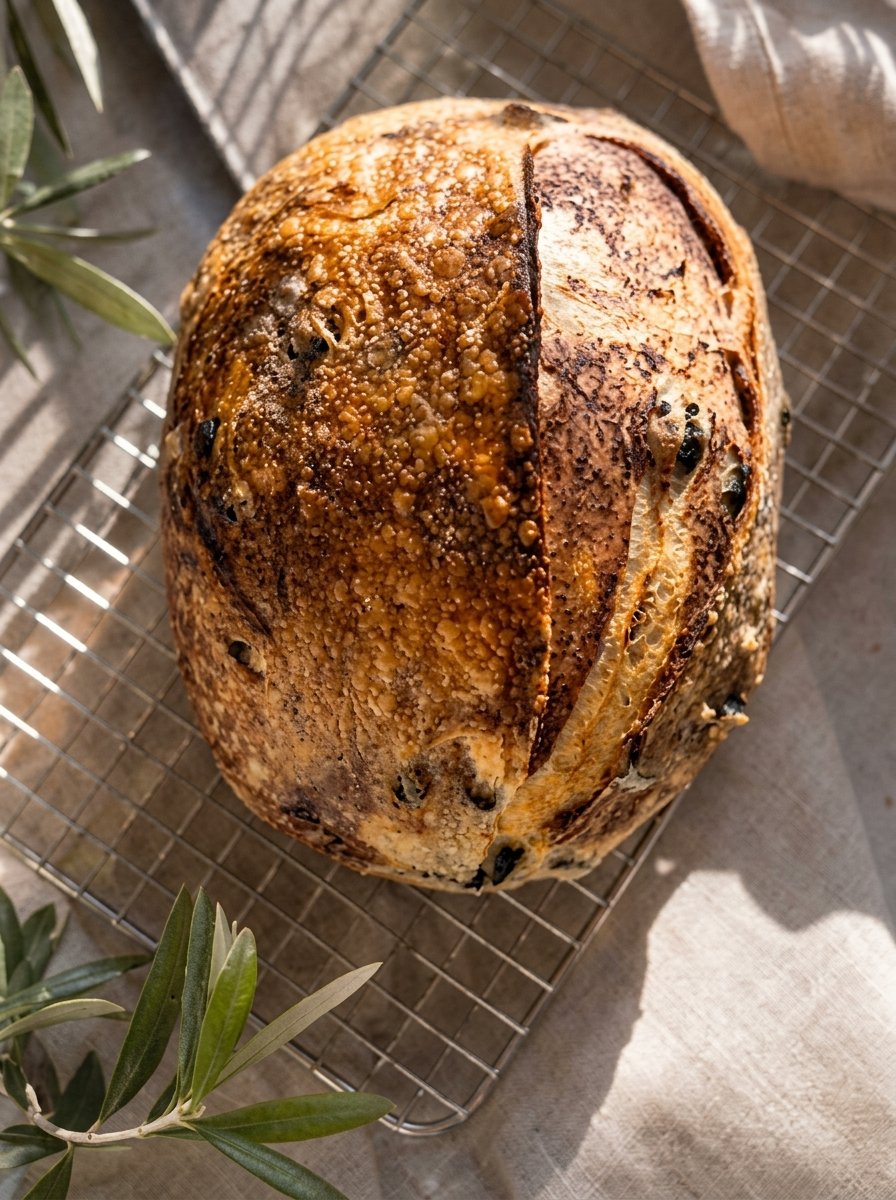 A golden sourdough loaf on a wire rack beside an olive sprig