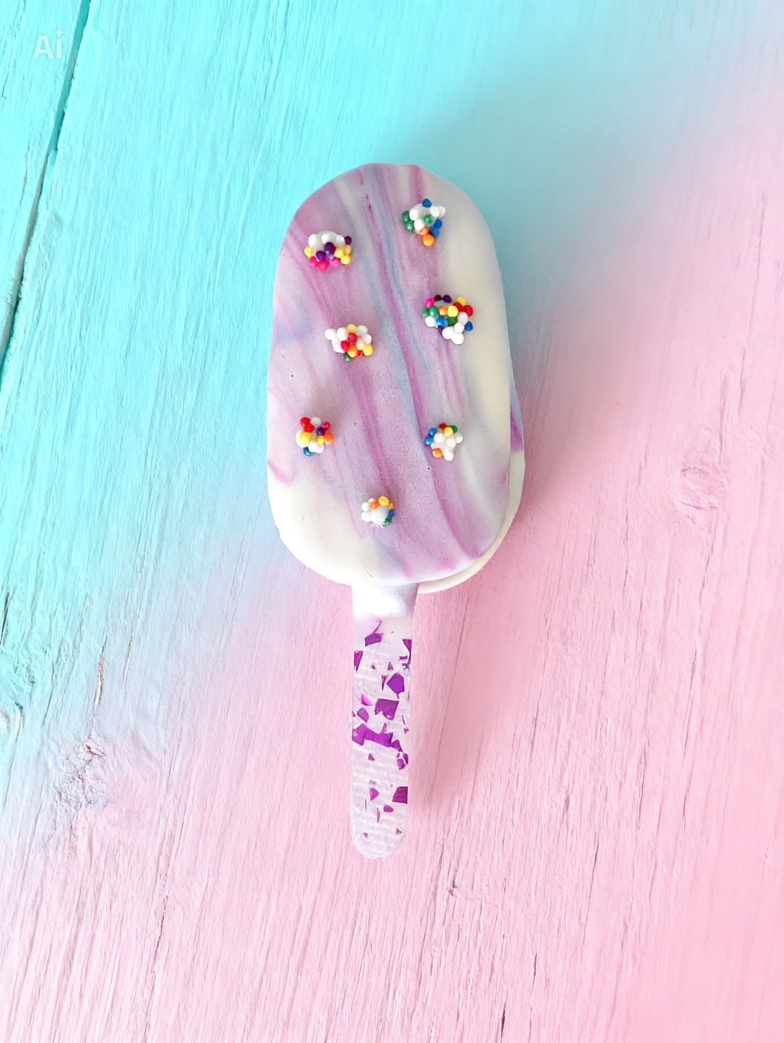 A marbled cakesicle with sprinkles on a pink and aqua background